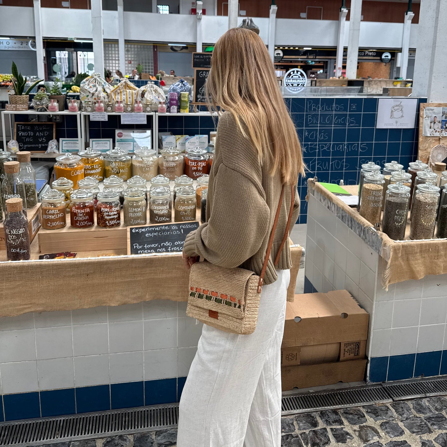 Zera - Handmade Natural Raffia Messenger Bag Pastel Green and Amber