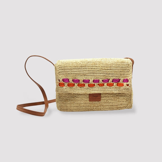 Zera - Handmade Natural Raffia Messenger Bag Fuchsia and Orange