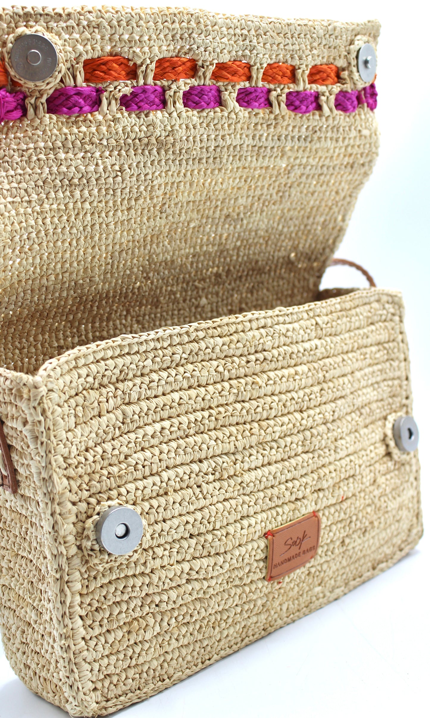 Zera - Handmade Natural Raffia Messenger Bag Fuchsia and Orange